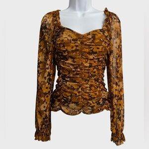 Jane + Delancey Floral Ruched Mesh Top Sz L Sheer Brown Yellow Feminine Coquette